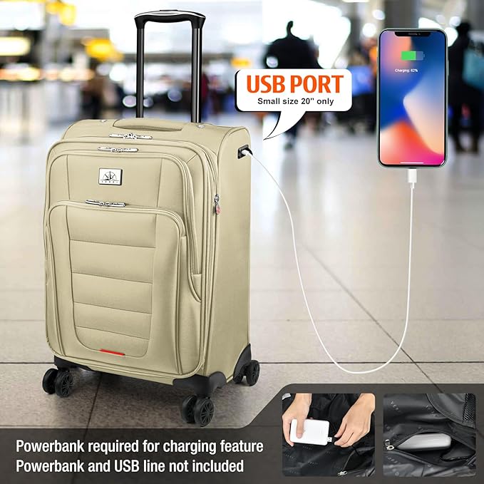 Verdi Luggage Set 3-Piece Suitcase with Spinner Wheel Softside Expandable, Carry On Luggage with USB Port (Khaki, 3-Piece set(20/24/28))