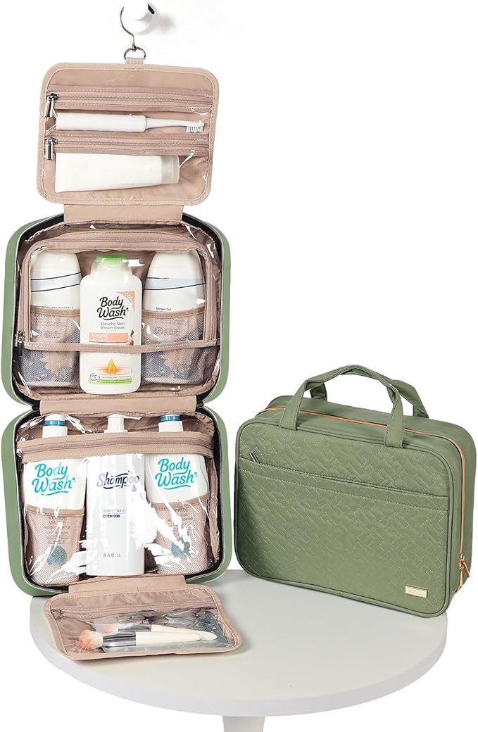 NISHEL Travel Toiletry Bag for women, Portable Hanging Organizer for Family-Sized Shampoo, Conditioner, Brushes Set, Makeup Accessories, Extra Large Size, Green