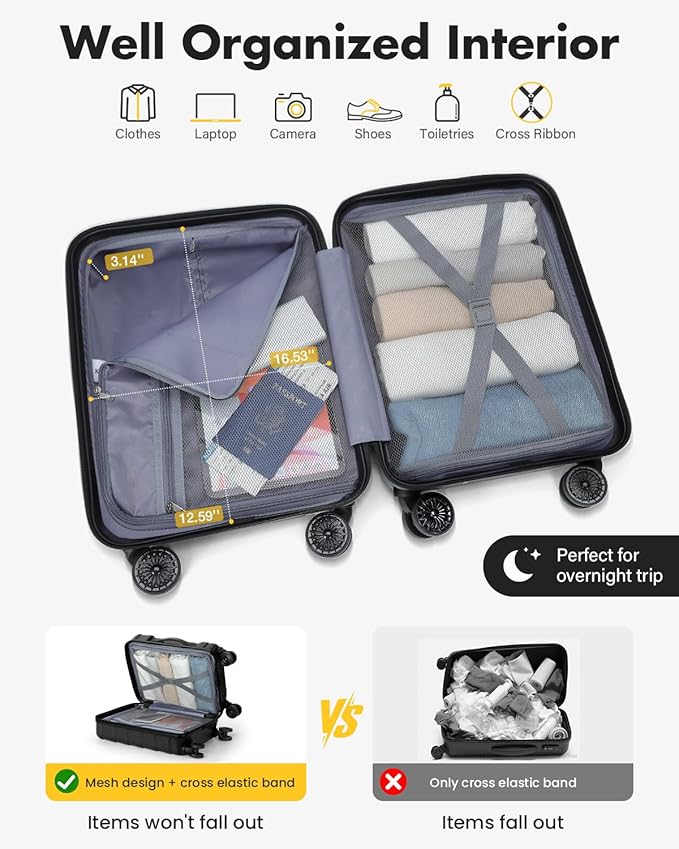 Lekesky 18 Inch Expandable Carry On Luggage Airline Approved, Hard Shell Suitcase with TSA Lock, Lightweight Spinner Wheels for Travel Weekend Trips Men Women, Black