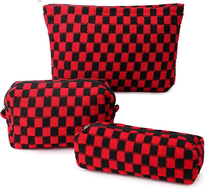EIMMBD Makeup Bag 3 Pieces Large Capacity Checkered Cosmetic Bags Travel Toiletry Bag Organizer Cute Makeup Pouch Storage for Women(Red & Black)