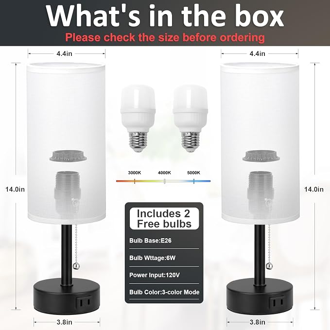 White Bedside Table Lamps Set of 2 - Bedroom Lamp for Desk, AC Outlet | 3CCT(3000K/4000K/5000K), LED Bulbs Included, White Fabric Lampshade, 14in Small Lamp for Nightstand, Guest Room, Living Room