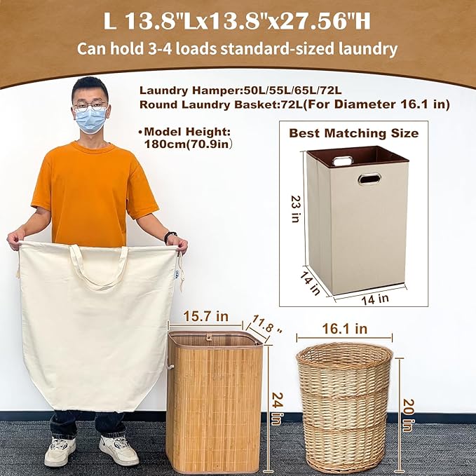 Canvas Laundry Bags with Handles & Square Base13.8"Lx13.8"Wx27.6"H, Large Heavy Duty Laundry Hamper Bag, College Dorm Washable Drawstring Canvas Dirty Clothes Sack (Beige,2 Pack)