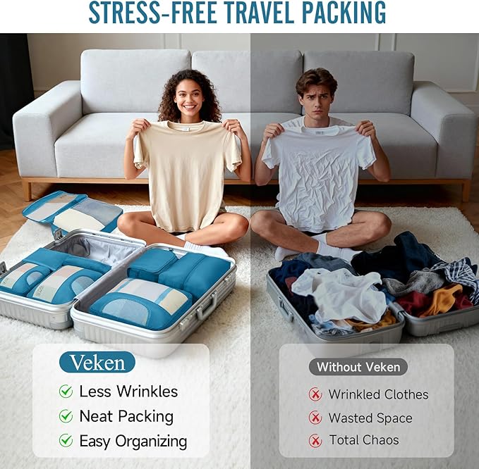 Veken 8 Set Packing Cubes for Travel Essentials, Suitcase Organizer Bags in 4 Sizes, Carry-On Luggage Accessories with Large Laundry & Hanging Toiletry Bag, Must-Have for Airplane, Road Trip & Camping
