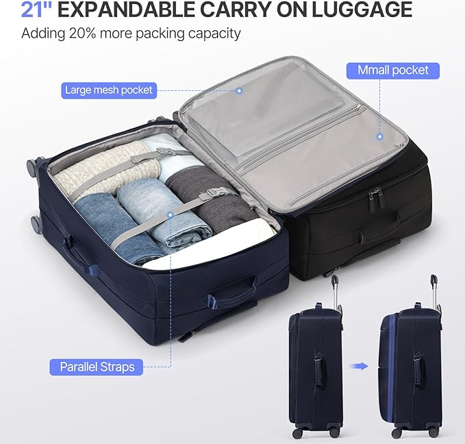 Carry On Luggage, Softside Suitcases with Spinner Wheels, Lightweight Carry-on Suitcase with TSA Lock for Women Men, Large Luggage for Travel Business Trip (Blue, 2-Piece Set 21/25)
