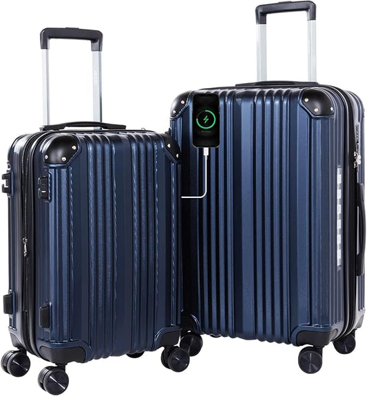 OUZZO Luggage Sets 2 Piece Expandable 20/24 Inch Suitcase with Double Spinner Wheels Lightweight ABS+PC Hardshell Travel Suitcase Sets with TSA Lock USB Port Business & Family Trips