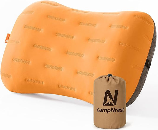 Inflatable Camping Pillow - Ultralight Compact Air Pillow for Travel, Backpacking & Hiking - Ergonomic Neck & Lumbar Support - Portable Inflatable Pillow with Removable Washable Cover - (Orange)