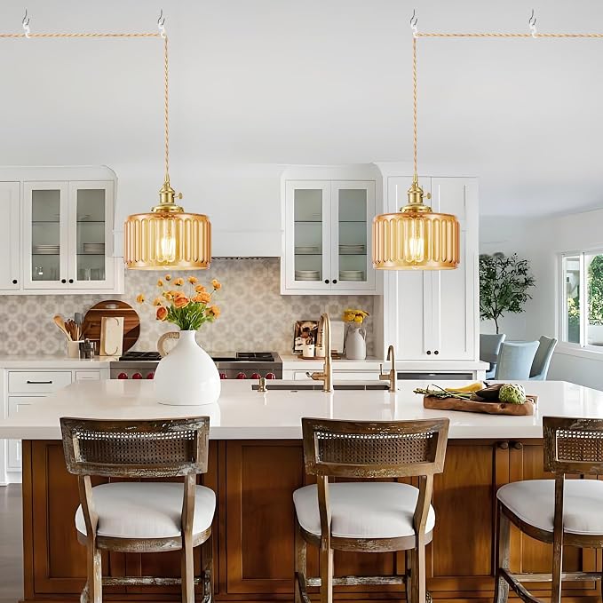 Plug in Pendant Light, Hanging Lights with Plug in Cord | Hanging Light Fixture with Clear Glass, E26 Pendant Lighting for Kitchen Island, Bedroom, Dining Room- Amber Color