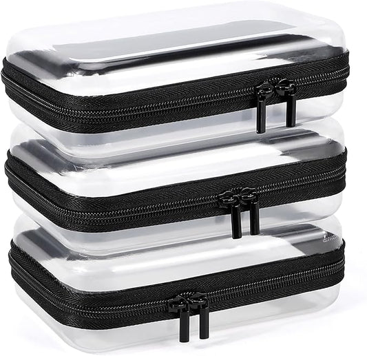 3 Pack Clear Hard Shell Zipper Case, Clear Zipper Pouches Waterproof Makeup Organizer & Travel Toiletry Bag, Plastic Pouch for Travel Office Storage, Home, Black Small Size