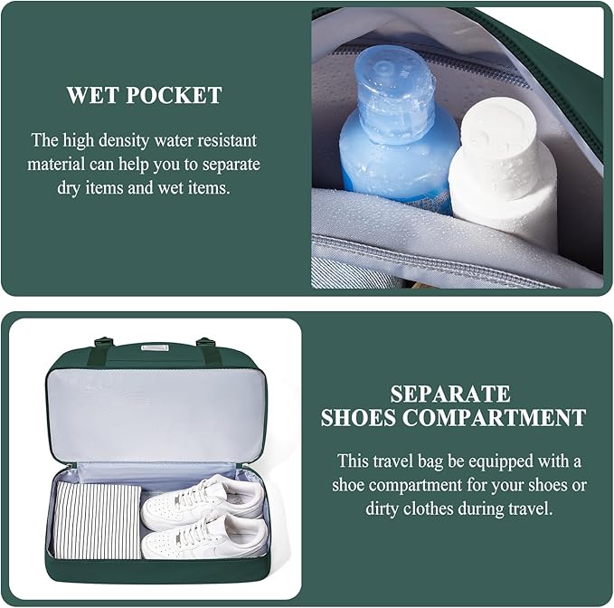 Weekender Bags for Women,Personal Item Travel Bag with Shoes Compartment,Overnight Travel Duffel Bag with Quilted Toiletry Bag,DarkGreen