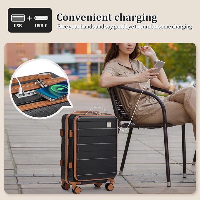 imiomo Carry on Luggage Airline Approved with Front Pocket and USB Port, Hard Shell 20 Inch Travel Carry-on Suitcase with Spinner Wheels and TSA Lock, Black Brown