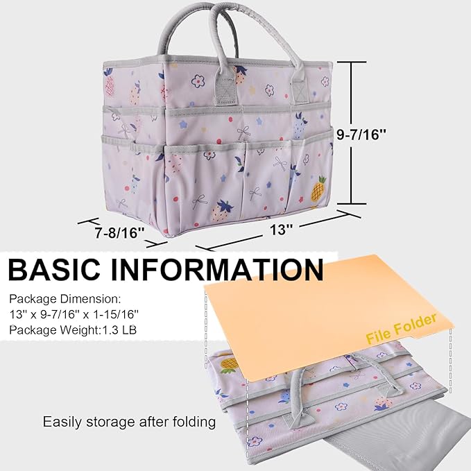 Cupohus Art Organizer Craft Storage Tote Bag with Pockets and Handles, Oxford Fabric Carrying Caddy for Teacher, Officer, Artist, Traveler, and more-Pink Fruit