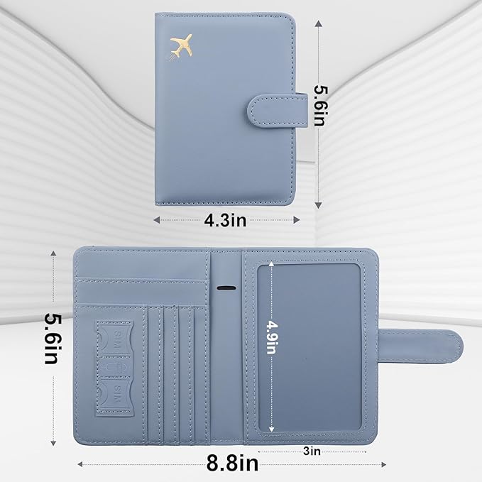 GOAUS Passport Holder for Travel with AirTag Slot Cards Cash Pocket, Faux Leather Travle Wallet Gifts for Women Men RFID Blocking Book Case Blue, AirTag Not Included