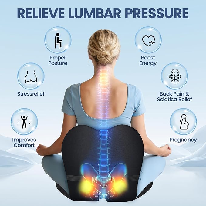 Lumbar Support Seat Cushion - Memory Foam Cushion for Office Chair, Car Seat, Airplane - Sciatica & Hip & Coccyx Pain Relief Desk Chair Cushion for Long Sitting Office Workers, Car Drivers