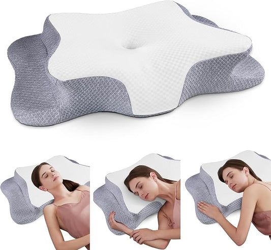Cervical Neck Pillow for Pain Relief Sleeping, Memory Foam Pillows, Ergonomic Side Sleeper Pillows, Cooling Orthopedic Neck Support Pillow for Back Stomach Sleepers-Queen Size White&Grey