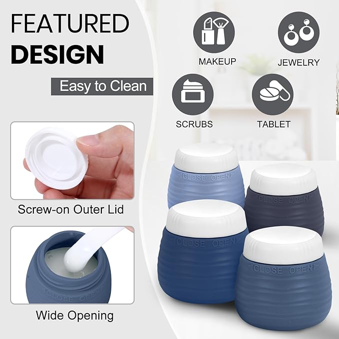 Travel Bottles for Toiletries 8 Pack, TSA Approved Travel Size Toiletries Containers Set, 4 Silicone Leak Proof Refillable Bottles and 4 Creams Jars Accessories Kit W/Clear Bag (BLUE)