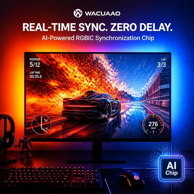 RGB Monitor Backlight with Screen Sync, Dual USB Powered Ambient Lighting Kit for 27 Inch Gaming Monitors, Music Mode, Immersive Dynamic LED Strip Lights for PC Setup (4 Sides - 27 inch)