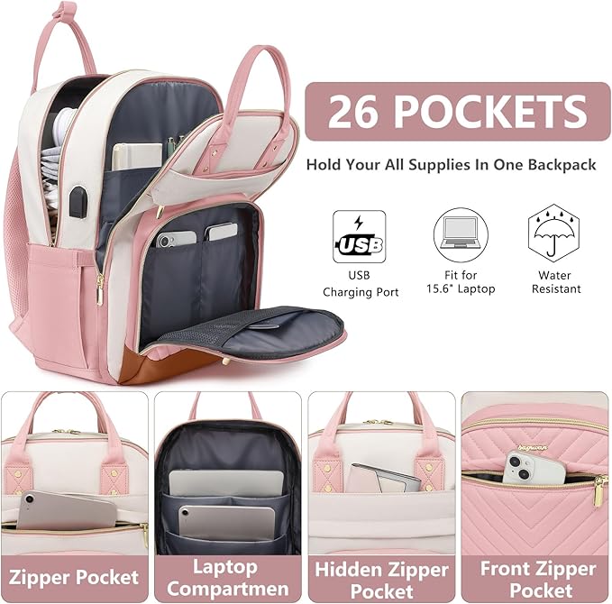 Laptop Backpack for Women Work Bag - 15.6 inch Travel Backpack Purse with USB Charger College Bookbag Waterproof Cute Casual Daypack Fashion Business Computer Backpacks for Teacher Nurse Pink Beige