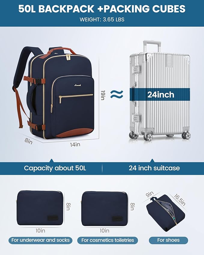 LOVEVOOK Travel Backpack for Women & Men 50L,Airline Approved Carry On Backpack Travel Essentials,TSA Carry on Luggage,Waterproof Personal Item Travel Bag,Suitcase with 3 Packing Cubes,Dark blue-Brown