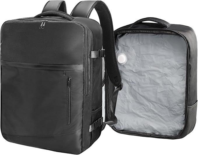 SUOCO Travel Backpack with Vacuum Bag, 70L Seal Compression Air Vac Back Pack with Travel Pump, Carry On Suitcase Luggage Flight Approved for Men Women Personal Item, Black