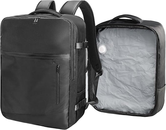 SUOCO Travel Backpack with Vacuum Bag, 70L Seal Compression Air Vac Back Pack with Travel Pump, Carry On Suitcase Luggage Flight Approved for Men Women Personal Item, Black