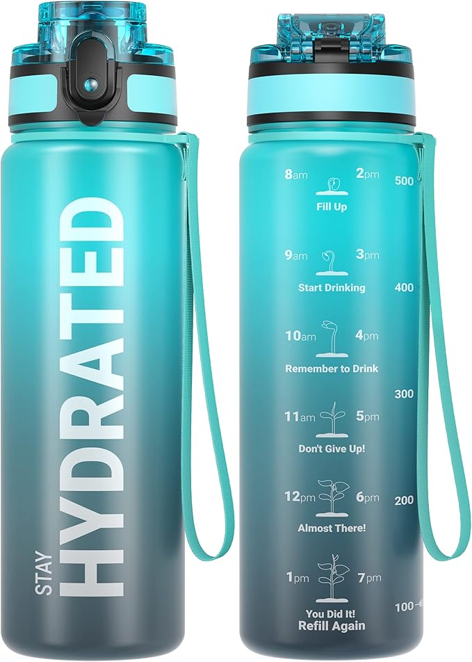 Sahara Sailor Water Bottle, 32/25/17oz Durable and Leakproof Water Bottles Motivational with Time Marker, Tritan, BPA Free, Wide Mouth with Easy Clean Brush for Gym, Travel, School, Office (1 Bottle)