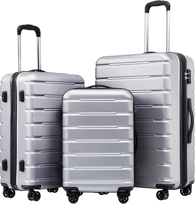 Coolife Luggage 3 Piece Set Suitcase Spinner ABS+PC Hardshell Lightweight TSA Lock USB Port, 20in 24in 28in Carry on Expandable (only 28’’), Silver