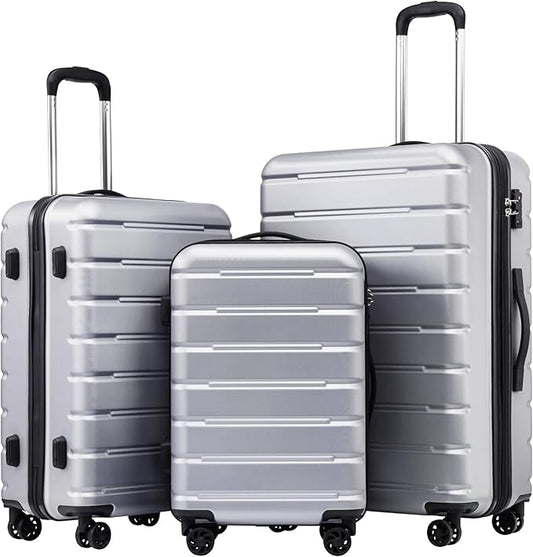 Coolife Luggage 3 Piece Set Suitcase Spinner ABS+PC Hardshell Lightweight TSA Lock USB Port, 20in 24in 28in Carry on Expandable (only 28’’), Silver