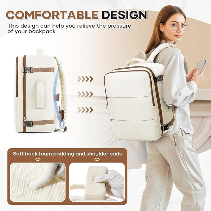 Travel Backpack For Women Men Carry on Backpack Luggage Flight Approved Personal item Travel Bag Essentials Mochila de viaje Laptop College Backpack Large Beige Brown