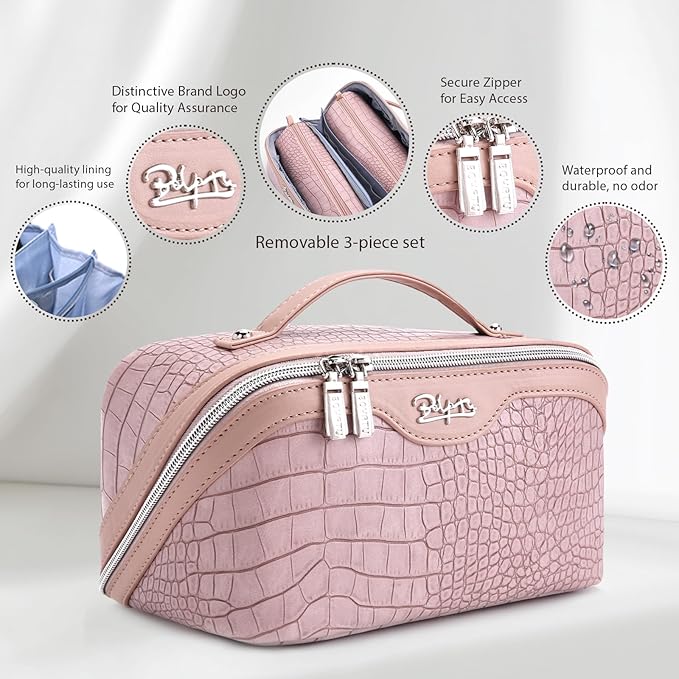 BOYATU Travel Makeup Bag Cosmetic Bags for Women: 3 Pcs Set Large Capacity Make up Bag with Handle - Crocodile Pattern Vegan Leather Toiletry Bags Travel Essentials with Compartments((E-4-Pink)