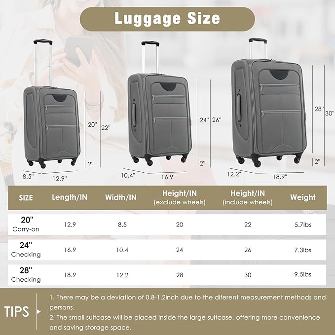 Luggage Sets Softside Expandable 3 Piece Set Lightweight Suitcase with Duffel Bag Upright Spinner Softshell, TSA Lock Carry On for Business for Family Travel (Grey, 22"/26"/30")