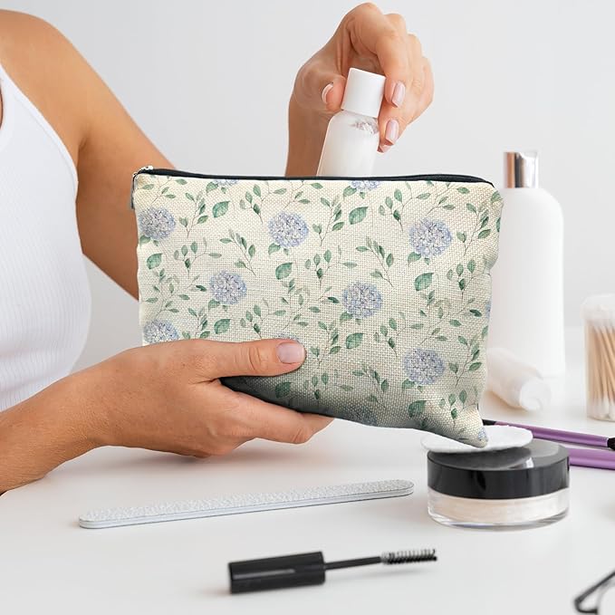 Blue Hydrangea Floral Makeup Bag - Aesthetic Toiletry Pouch for Women, Hydrangea Gifts