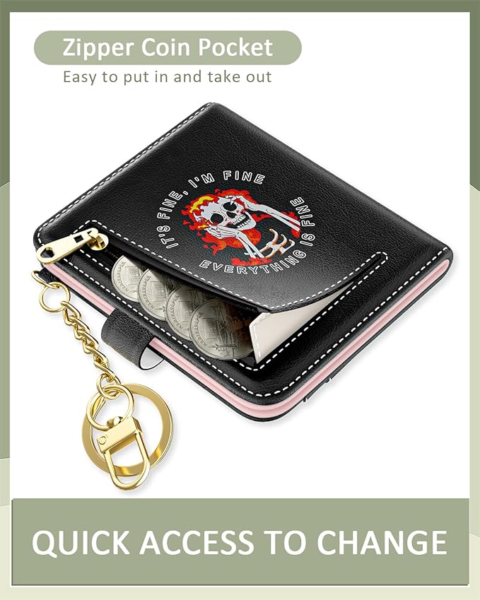 Aiawoxc Womens Wallet, RFID Small Wallets for Women, Slim Compact Credit Card Holder, Cute Leather Bifold Ladies Purse with Zipper Coin Pocket and ID Window, Skull
