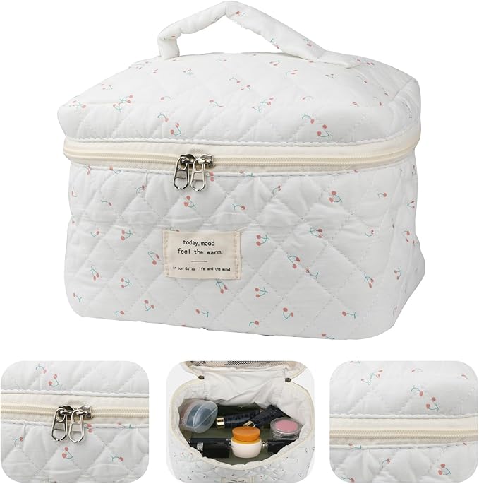 Cute Makeup Bag for Women(2 Pcs), Travel Cosmetic Bags, Quilted Coquette Aesthetic Floral Toiletry Organizer Bag (Cherry)