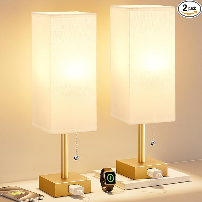 Bedside Lamp for Bedroom Set of 2 - Gold Table Lamp for Nightstand | AC Outlet, 3 Color Temperatures, LED Bulb Included, Pull Chain Design, 14" Rectangular Desk Lamp for Dorm/Office, 2-Pack