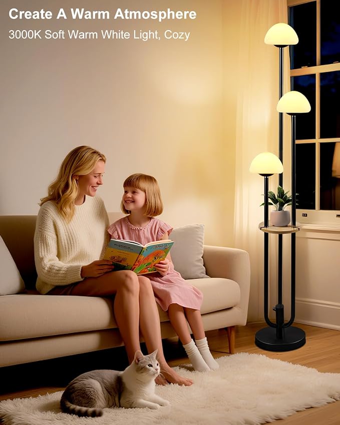 Lightdot Black Dimmable Floor Lamp with Table Modern Floor Lamps with 5Lbs Heavy Base for Living Room 3000K Warm Lights Included Standing Lamp with Mushroom Shades for Bedroom/Sofa Beside/Corner Decor