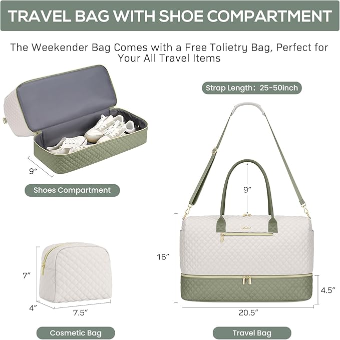 Travel Weekender Duffle Bags for Women - Duffel Bag with Shoe Compartment Carry On Overnight Bag with Toiletry Bag with Wet Pocket for Gym Hospital Bags for Labor and Delivery Beige Green
