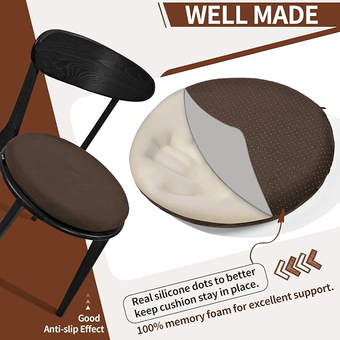 BUYUE Memory Foam Seat Cushion, Dia 16.5" Soft Velvet Round Stool Cushion Anti-Slip Chair Pads, L, Brown