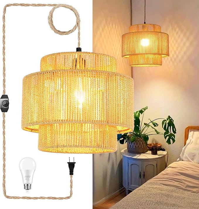 QIYIZM Plug in Pendant Light Hanging Lights with Plug in Cord Boho Hanging Lamp Dimmable,Rattan Wicker Woven Bamboo Lamp Shade, Plug in Ceiling Light Fixture for Living Room Bedroom Kitchen