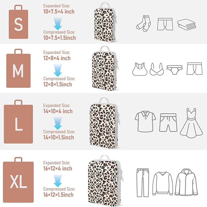4 Set Compression Packing Cubes For Travel Bags Organizer For Luggage Suitcase Organizer, Compression Bags For Travel Accessories Luggage Storage Set (4 Pcs, Brown Leopard)