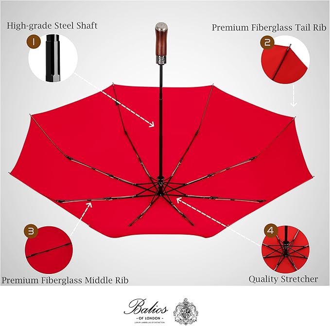 Balios (Designed in UK) Travel Umbrella Luxurious Golden Hardwood Handle Auto Open & Close Windproof Frame Single Canopy Automatic Folding Umbrella Men's & Ladies