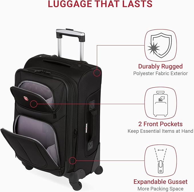 SWISSGEAR Sion Softside Expandable Spinner Luggage Durable Lightweight Travel Suitcase, Black, Carry-On 21-Inch
