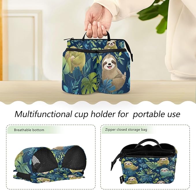 Watercolor Cartoon Sloths Blue Luggage Cup Holder Travel Portable Free Hand Drink Carrier Suitcase Drinks Beverage Holder Carry-On Bottle Mug Holder Organizer Bag Travelers Accessories
