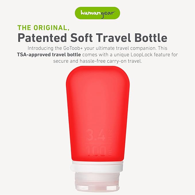 humangear GoToob+ (Large) | Refillable Silicone Travel Bottle | Locking Lid | Food-Safe Material | Red, Large (3.4 fl.oz.; 100ml)