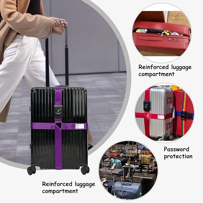 Luggage Straps TAS,Travel Strap with Name tag,Easy to Identify,Luggage Straps TSA Approved with Lock,Combination Luggage Lock with Adjustable Length,Compatible with 20-34 inch Luggage(Purple 1 Pack)