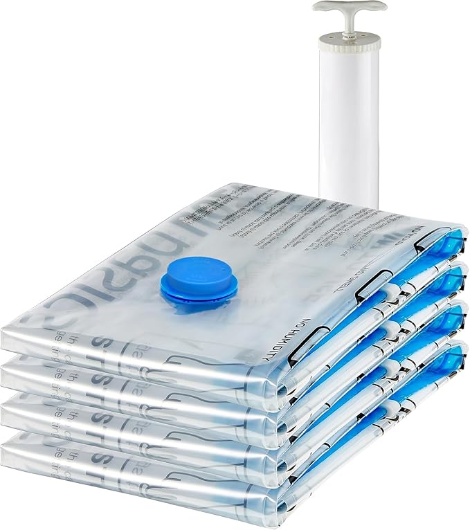 Amazon Basics Vacuum Storage Bags for Blankets, Vacuum Compression Space Saving Storage Bags with Hand Pump for Clothes Packing, X-Jumbo, 4-Pack