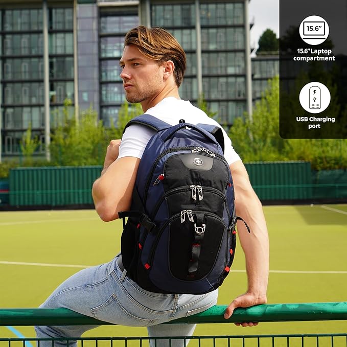 Swissdigital Design Laptop Backpack with USB Charging Port, Travel Backpack Fits 15.6 inches Computer, 31L College School Backpack for Men, Blue/Black | SD803-12 | Water Repellent