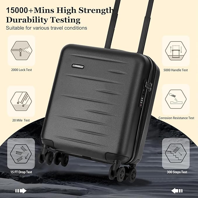 16 Inch Underseat Carry On Luggage Airline Approved, Expandable Lightweight ABS+PC Hard Shell Suitcases with 360° Spinner Wheels, TSA Lock, YKK Zipper, for Business Weekender (Black, 1 PC)