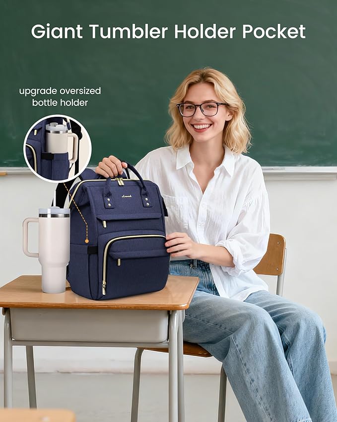 LOVEVOOK Laptop Backpack for Women with Giant Tumbler Holder Pocket,17 inch Waterproof Travel Backpack Purse Computer Laptop Bag,Professional Work College Nurse Teacher Backpack Daypack,Dark Blue