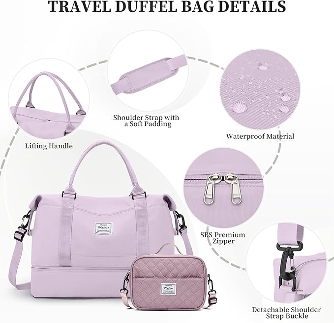 Weekender Bags for Women,Carry On Overnight Travel Duffel Bag with Shoes Compartment & Toiletry Bag,Extra Large,Purple