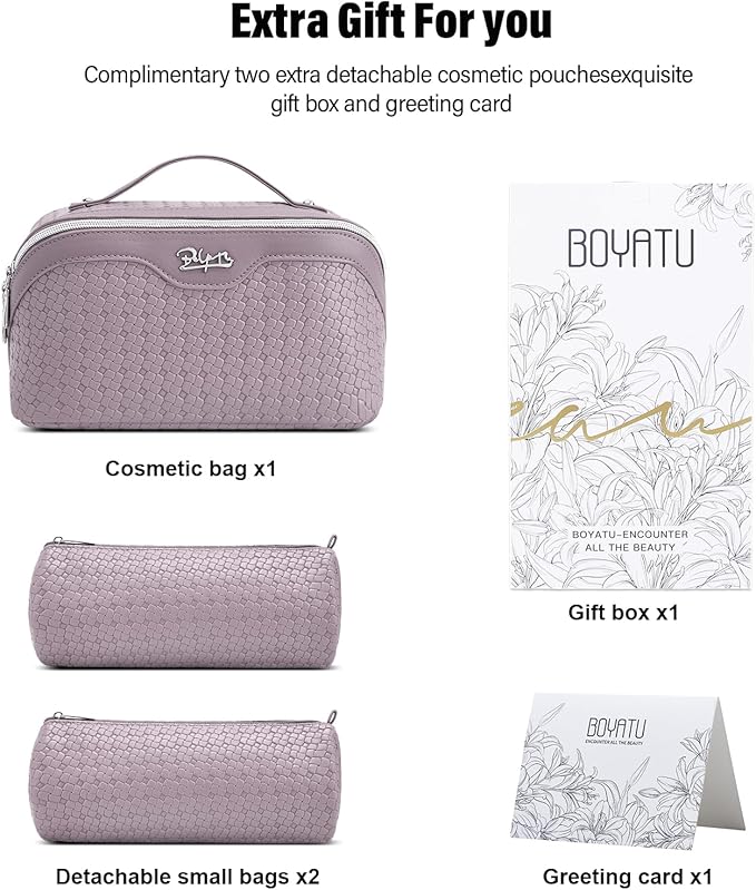 BOYATU Travel Makeup Bag Cosmetic Bags for Women: Large Capacity 3 Pcs Set Make up Bag with Compartments - Waterproof Vegan Leather Toiletry Organizer Bags with Handle (L55Light Purple)